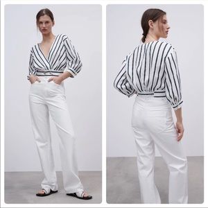 NWT Zara Nautical Stripe 100% Linen Top Navy & White
